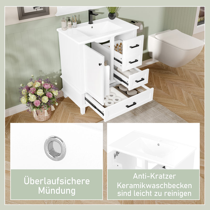 76x46x83,5cm Bodenstehender Badezimmerschrank mit Waschbecken, Waschtisch, komplett lackiert, Türregal, drei geräuschlose Schubladen, integriertes Keramikwaschbecken, weiß