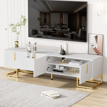 TV-Schrank, lowboard mit strukturierter Tür, TV-Möbel, goldenen Griffen und goldenen Füßen