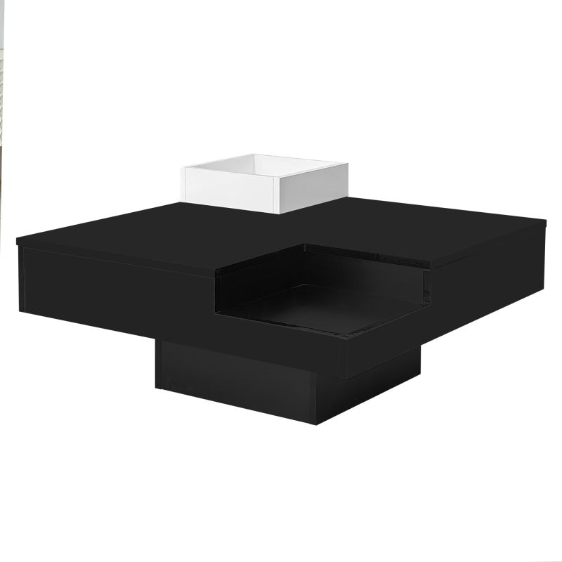 Couchtisch, Hochglanz-Wohnzimmertisch, Beistelltisch mit abnehmbarer Aufbewahrungsbox, Farbblockweiß und Schwarz, 72*72*30 cm, Mit LED-Lichteffekt.