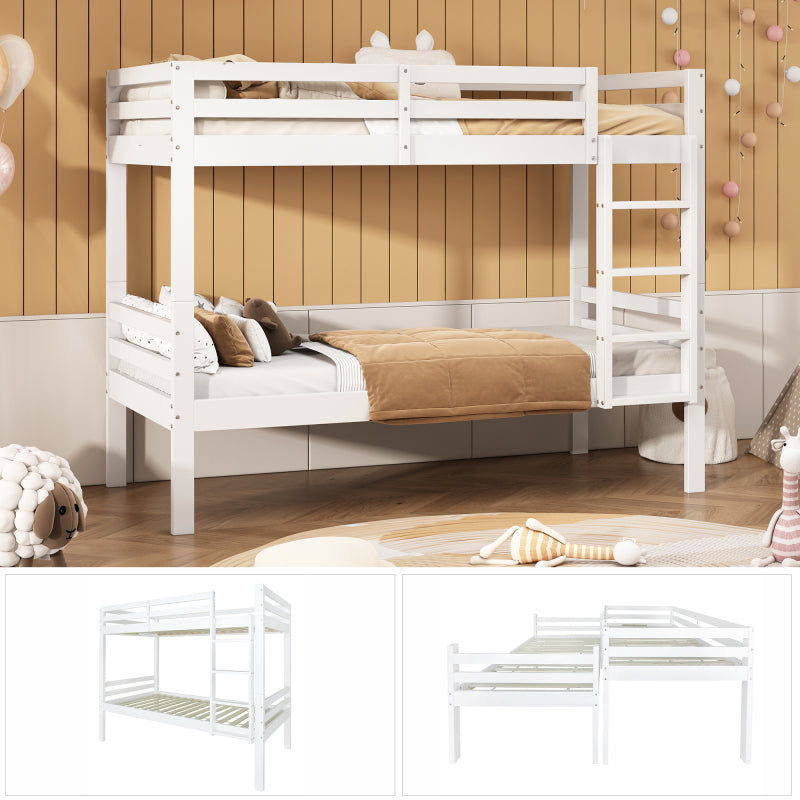 Etagenbett für Kinder, Kinderbett mit dreistufiger Winkelleiter und Absturzsicherung, Bett aufgeteilt in 2 Einzelbetten, Jugendbett, Einzelbett, Rahmen aus Kiefer, Weiß, 90x200cm