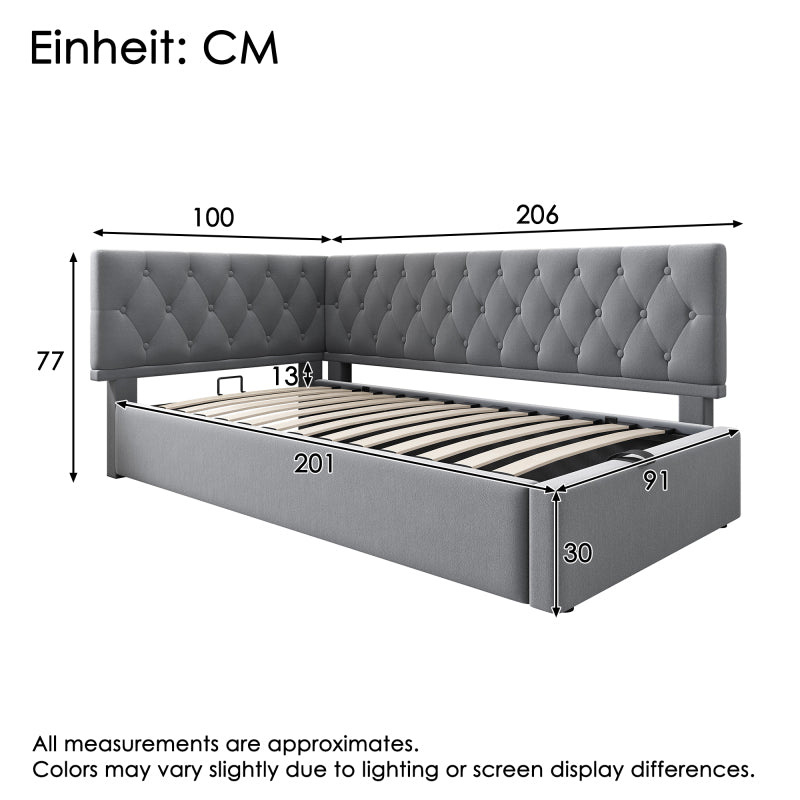 Polsterbett Tagesbett Daybett 90x200cm, Schlafsofa mit hydraulischem Stauraum, Kinderbett Jugendbett Bettgestell mit Lattenrost aus Holz, Samt, Grau, ohne Matratze.