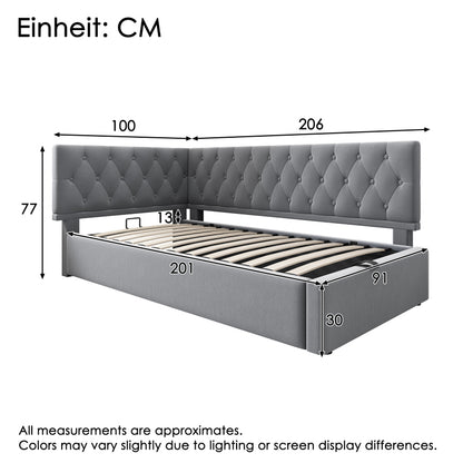 Polsterbett Tagesbett Daybett 90x200cm, Schlafsofa mit hydraulischem Stauraum, Kinderbett Jugendbett Bettgestell mit Lattenrost aus Holz, Samt, Grau, ohne Matratze.
