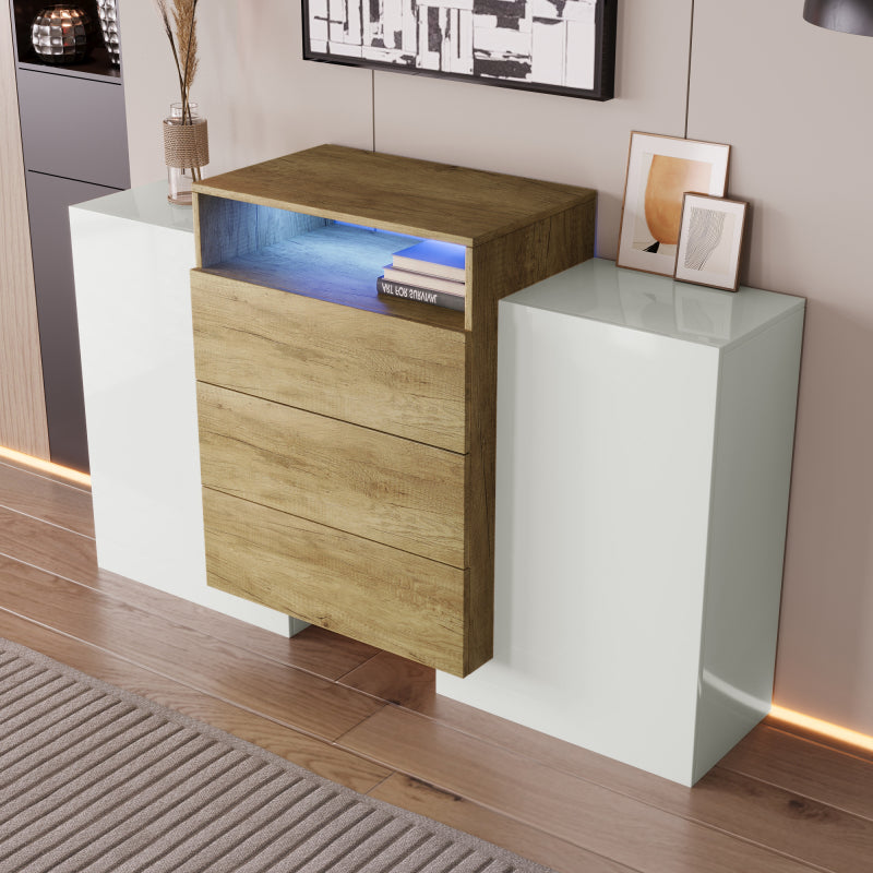 Sideboard, Moderner Kommode, Schrank 140cm, Hochglanz-Weiß und Holzfarbe, Mehrfarbige LED-Lichteffekte. Stilvolle Aufbewahrungslösung (Teilweise glänzende Oberfläche)