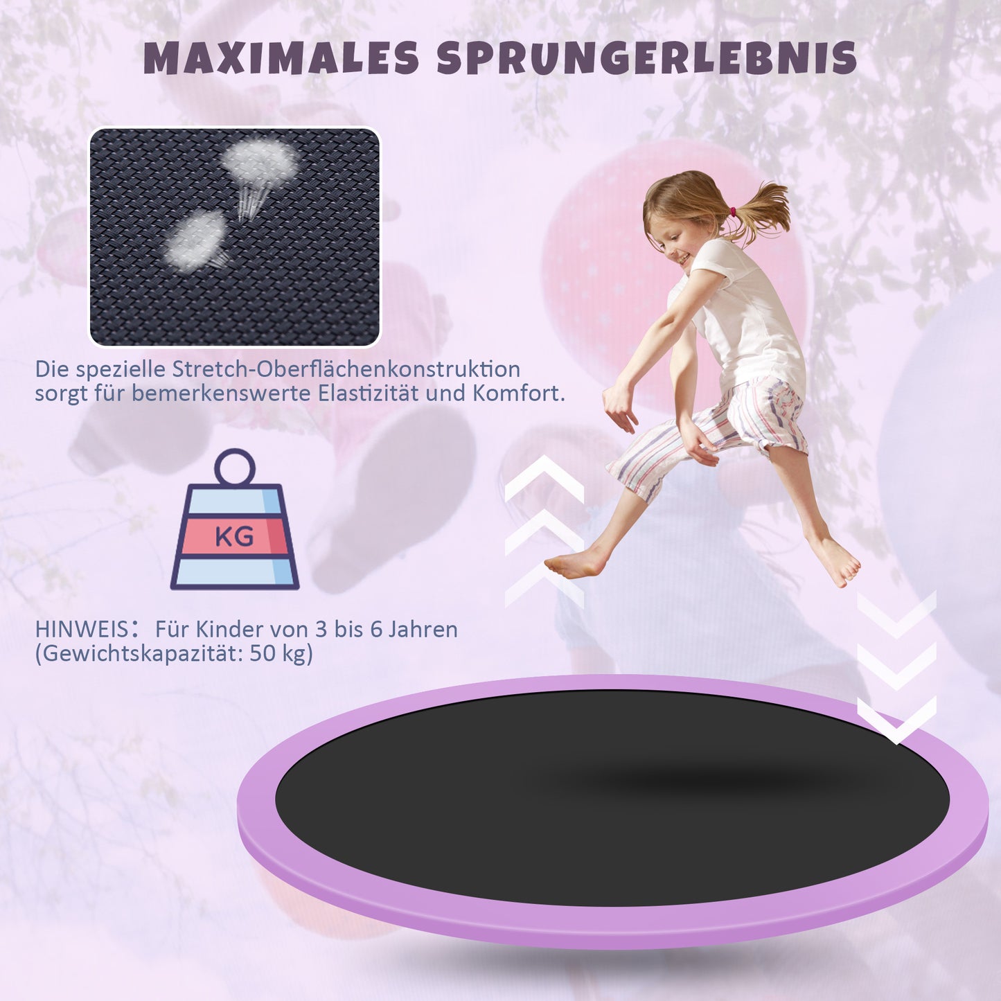 Trampolin Set für den Innen- und Außenbereich, Gewichtskapazität: 50 kg, Größe(H*L): 157x147 cm, Lila/Grau