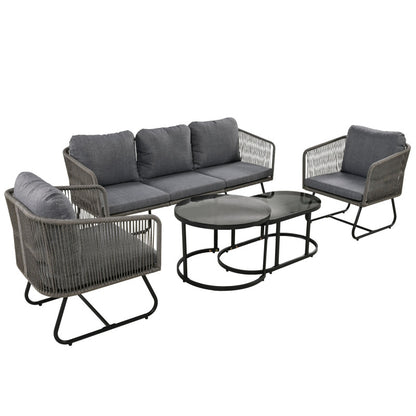 Garten-Lounge-Set mit Rahmen aus verzinktem Eisen, Gartenmöbel-Set aus Seil, graues Seil, verstellbare Füße, Tischplatte aus glattem Glas, 5er-Set, inklusive aller Sitz- und Rückenkissen