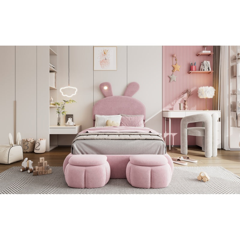 Polsterbett, Einzelbett, Hasenohren mit einstellbarer Helligkeit warmfarbenen Lichtstreifen, mit zwei Aufbewahrungshockern, Kinderbett mit Holzlatten, Samt, Rosa, 90x200cm