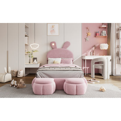 Polsterbett, Einzelbett, Hasenohren mit einstellbarer Helligkeit warmfarbenen Lichtstreifen, mit zwei Aufbewahrungshockern, Kinderbett mit Holzlatten, Samt, Rosa, 90x200cm