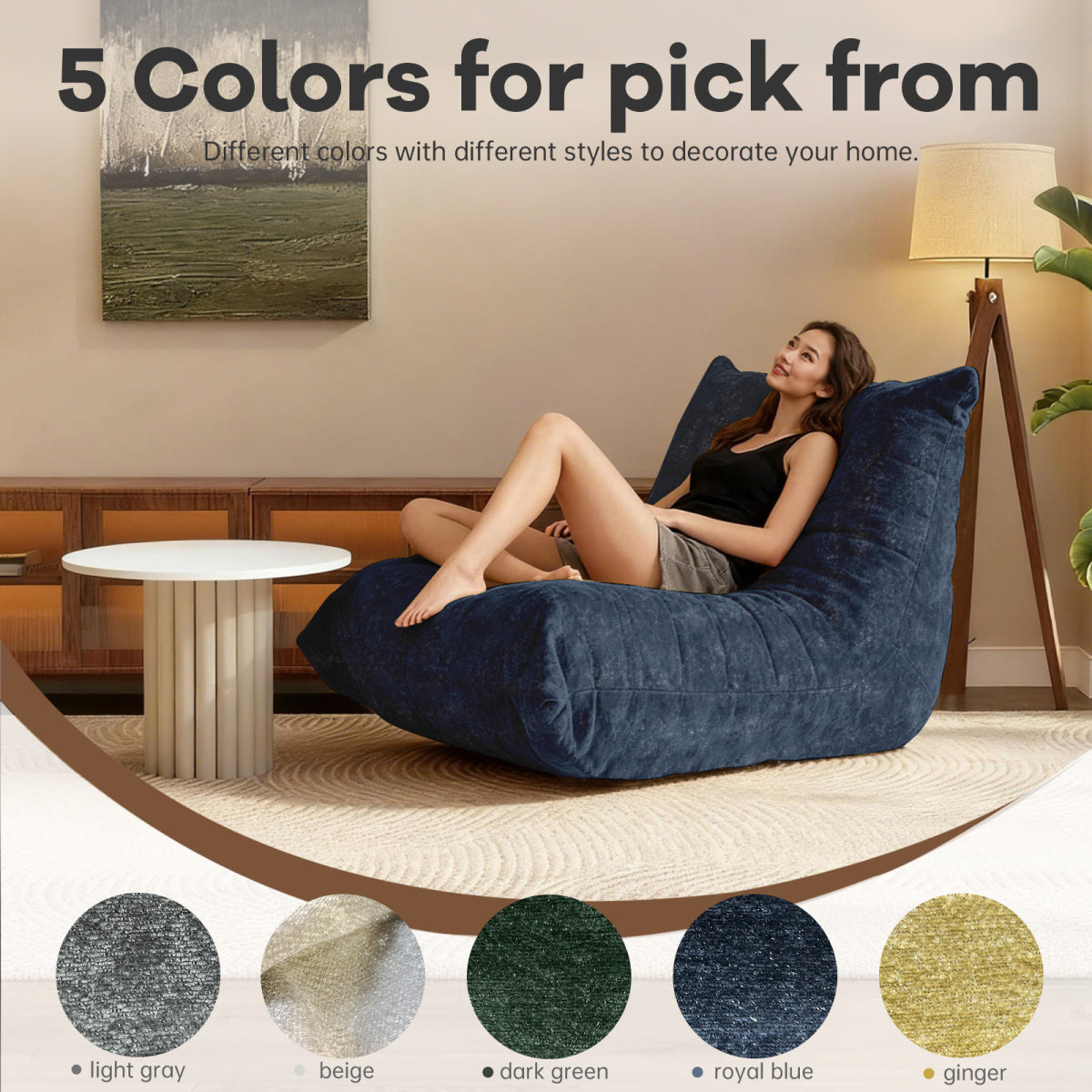 Ergonomischer Sitzsack Sessel mit 5-Zonen-Körperunterstützung, Bean Bag Chair aus Chenille-Stoff, Blue