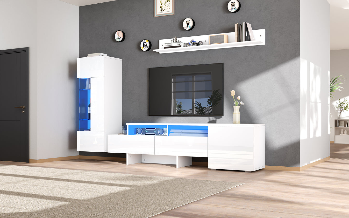 TV Wohnwand Set 3-teilig Weiß Hochglanz mit LED-Beleuchtung, TV-Schrank stehend und hängend, für Fernseher bis 70 Zoll