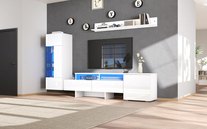 TV Wohnwand Set 3-teilig Weiß Hochglanz mit LED-Beleuchtung, TV-Schrank stehend und hängend, für Fernseher bis 70 Zoll