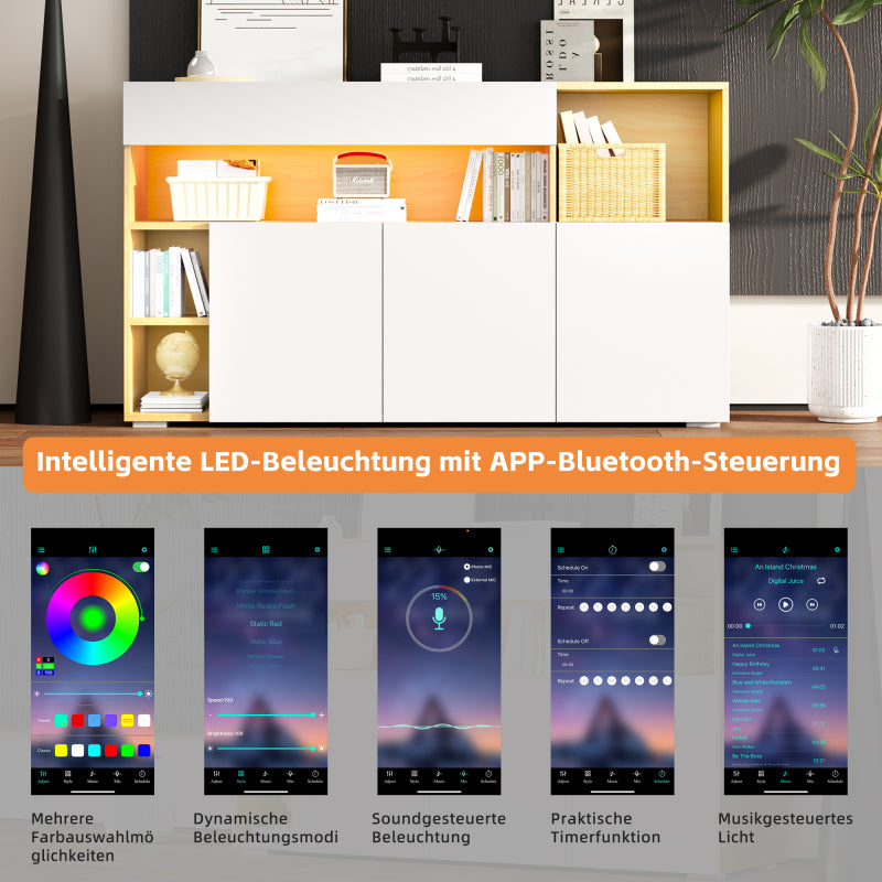 LED Sideboard Breite 140cm, Multifunktionales Sideboard,Kommode, Highboard , Luxuriöses Sideboard für Wohnzimmer, Eckschrank für Flur, Schrank für Schlafzimmer, Weiß und Eiche