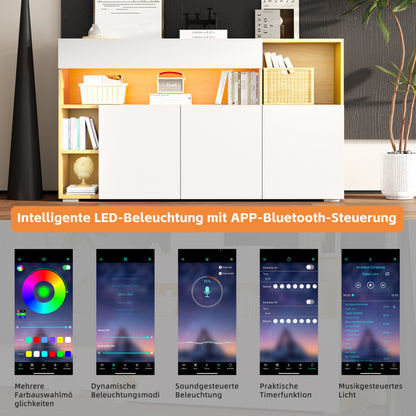 LED Sideboard Breite 140cm, Multifunktionales Sideboard,Kommode, Highboard , Luxuriöses Sideboard für Wohnzimmer, Eckschrank für Flur, Schrank für Schlafzimmer, Weiß und Eiche