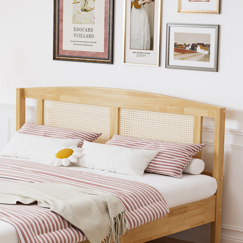 Doppelbett, Rattanbett, Jugendbett Erwachsenenbett 160X200cm, Rattannetzkissen, mit 15 Latten und Mittelfüße, Kiefer + PE-Rattan, Natur