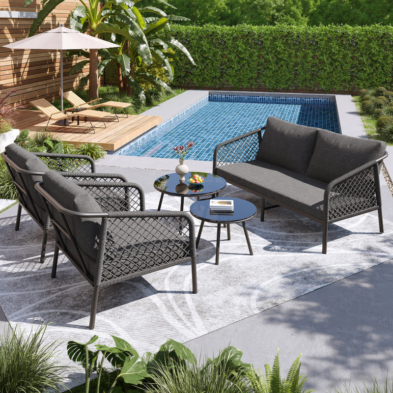 Garten-Lounge-Set, Gartenmöbel-Set aus Seil, Modernes Outdoor-Sofa-Set, graues Seil, Tischplatte aus glattem Glas, inklusive aller Sitz- und Rückenkissen,Loungemöbel, Balkonset , Garten & Terrasse