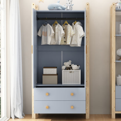 2-türiger Kleiderschrank, Kleiderschrank mit Kleiderstange, für Schlafzimmer, Wohnzimmer, Flurgarderobe geeignet,  blauer Körper + Kieferrahmen