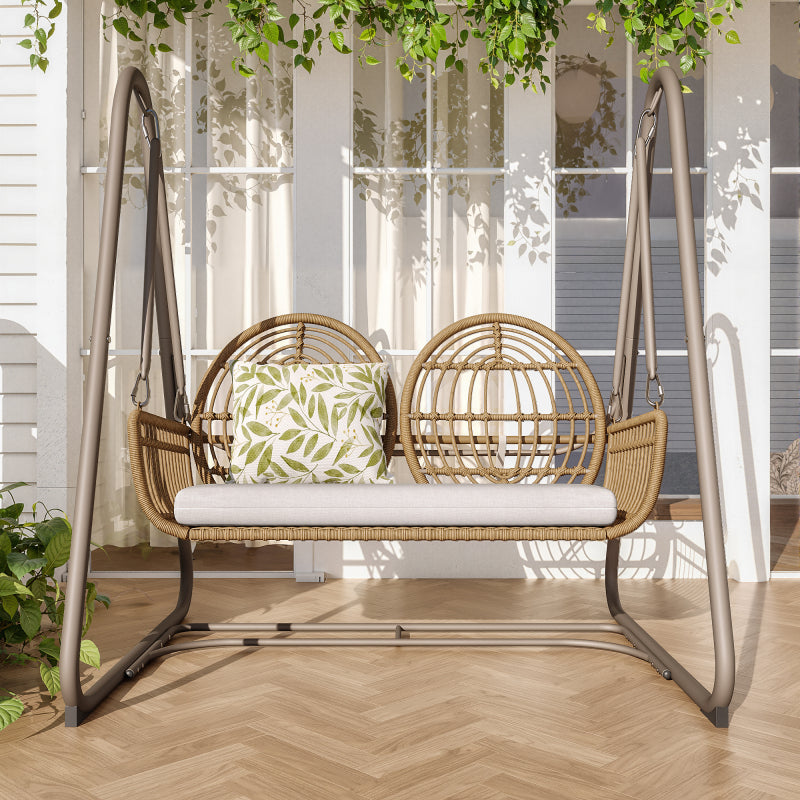 Gartenschaukel, Hollywoodschaukel mit Rückenlehne, Gartenmöbel-Set für den Außenbereich,Doppelschaukel aus PE-Rattan, 2 Sitze, Brauner Sitzrahmen und beiges Kissen