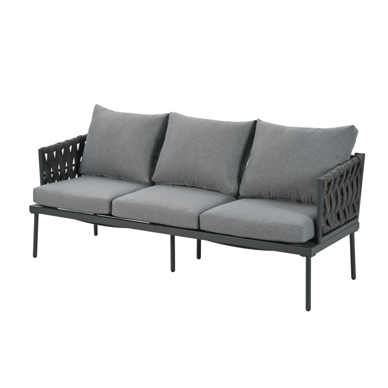 Garten Loungesessel Set, Gartenmöbel Set mit bequemen Kissen, 3er Sofa, 2 Sessel und Couchtisch, Outdoor, Glastischplatte, geflochtene Seilarmlehnen, verzinkter Stahl, grau