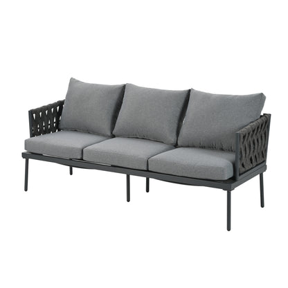 Garten Loungesessel Set, Gartenmöbel Set mit bequemen Kissen, 3er Sofa, 2 Sessel und Couchtisch, Outdoor, Glastischplatte, geflochtene Seilarmlehnen, verzinkter Stahl, grau