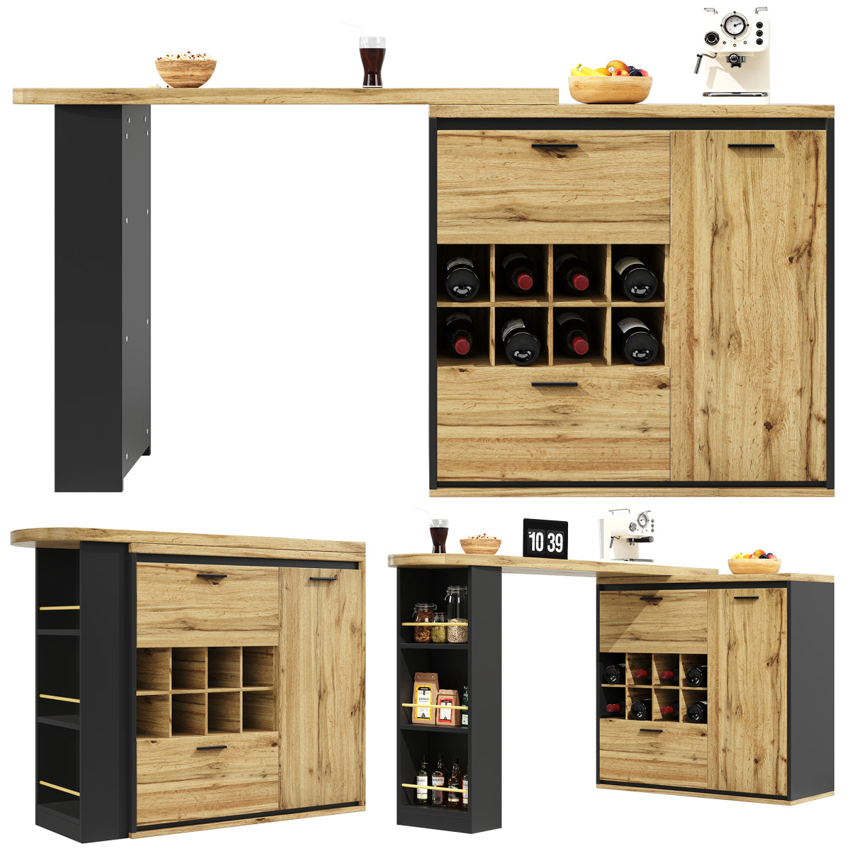 Ausziehbarer Bartisch 138-220cm Küchentisch mit Weinregal & 2 Schubladen, Stehtisch Natur Holzoptik, Multifunktionale Kücheninsel