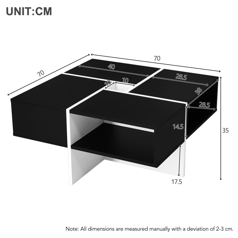 Moderner quadratischer Couchtisch 70x70x35cm - Schwarz-weißes Design, 5 offene Fächer, mittleres Ablagefach 10x10cm, Belastbarkeit 30KG, schwarzer quadratischer Couchtisch