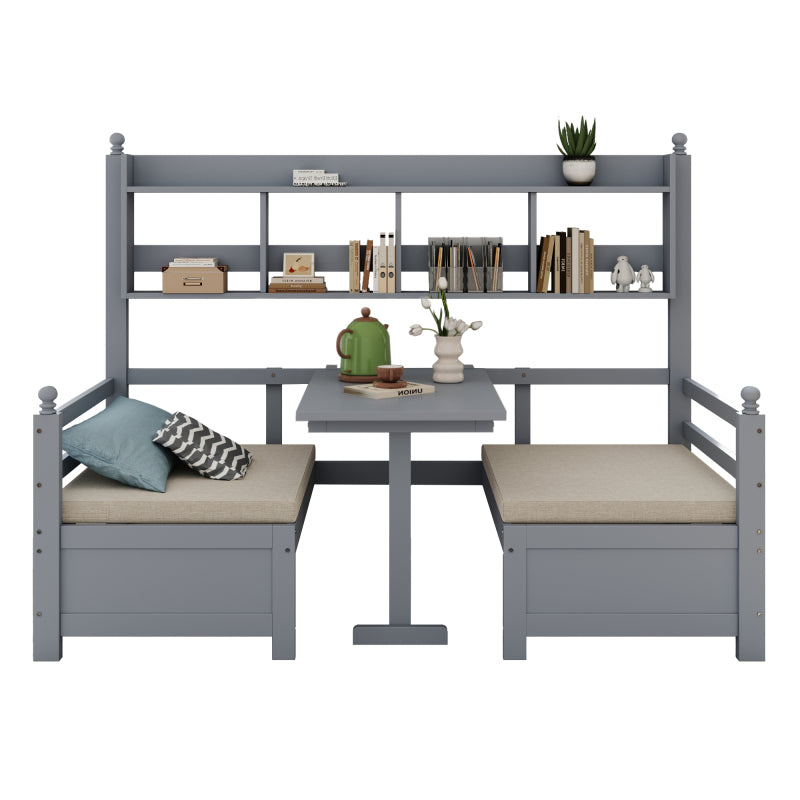 Multifunktionales Massivholz Schlafsofa 200x90 cm, 2-in-1 Bett und Schreibtisch, Frei Umbaubar, Mit Bücherregal Zur Aufbewahrung, Mit Bequemen Kissen, Gästebett Einzelholzbett, Grau