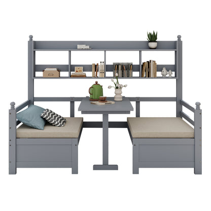 Multifunktionales Massivholz Schlafsofa 200x90 cm, 2-in-1 Bett und Schreibtisch, Frei Umbaubar, Mit Bücherregal Zur Aufbewahrung, Mit Bequemen Kissen, Gästebett Einzelholzbett, Grau