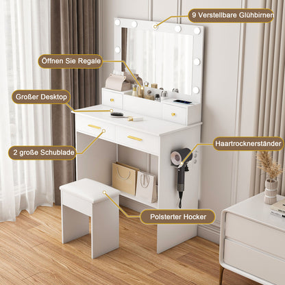Schminktisch LED, 3 Stufen, Steckdose, 4 Schubladen, inkl. Hocker, Weiß