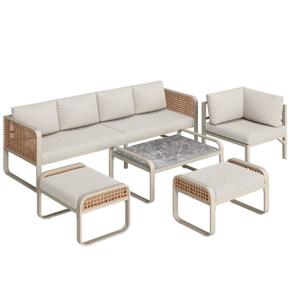 Garten-Lounge-Set, Rattan-Möbel-Set für 6-7 Personen, Ecksofa mit verzinktem Eisengestell, verstellbare Beine, inklusive aller Sitz- und Rückenkissen, beige
