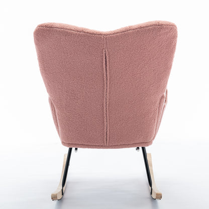Neuer moderner Schaukelstuhl mit Polsterung und Teddystoff, mit ausziehbarer Fußstütze, Rosa