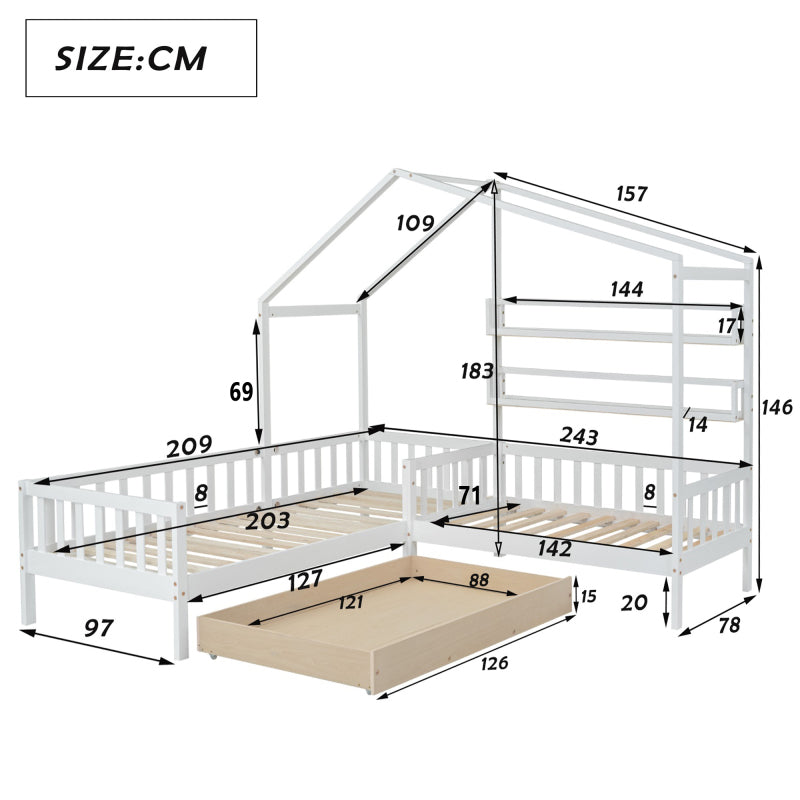 Kinderbett Hausbett mit Schubladen und Regalen, Massivholz mit Zaun und Lattenrost, L-Struktur, Weiß (90x200 cm+140x70cm)
