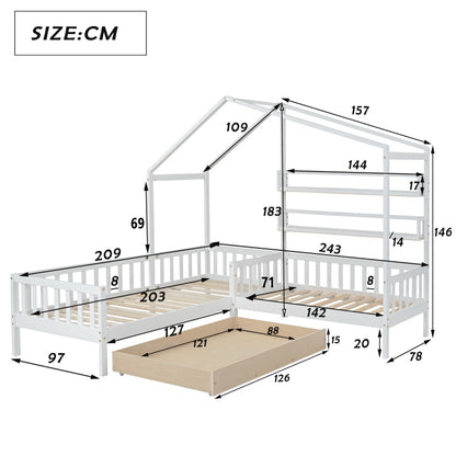 Kinderbett Hausbett mit Schubladen und Regalen, Massivholz mit Zaun und Lattenrost, L-Struktur, Weiß (90x200 cm+140x70cm)