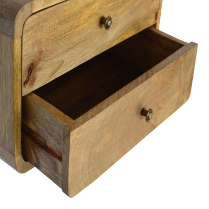 Schwebender Nachttisch aus massivem Mangoholz – Oak-ish Finish, 2 Schubladen, Wandmontage, Handgefertigt, Fertig montiert, 45x32x25 cm