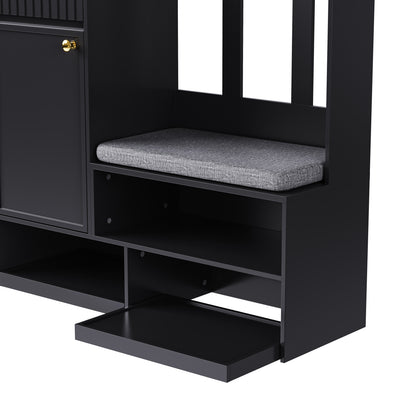 Garderobenset mit Sitzbank, Pegboard, 4 Haken, 2 Schubladen & Schrank, MDF, Schwarz, 100×35×180 cm
