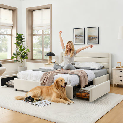 Doppelbett 160×200 cm aus Chenille mit 4 Schubladen, stabiles Bettgestell für Schlafzimmer & Eltern-Kind-Zimmer, Beige (ohne Matratze)