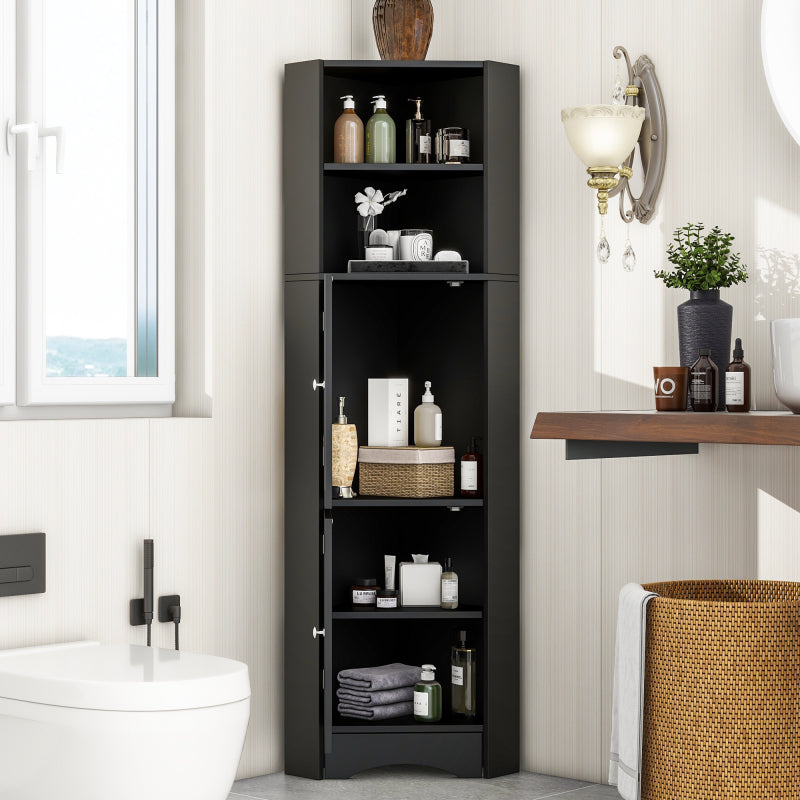 Badschrank, Badmöbel, Eckschrank mit zwei Ablagefächern, offenes Fach mit verstellbarem Einlegeboden, 36.5x 36.5 x 155 cm, schwarz