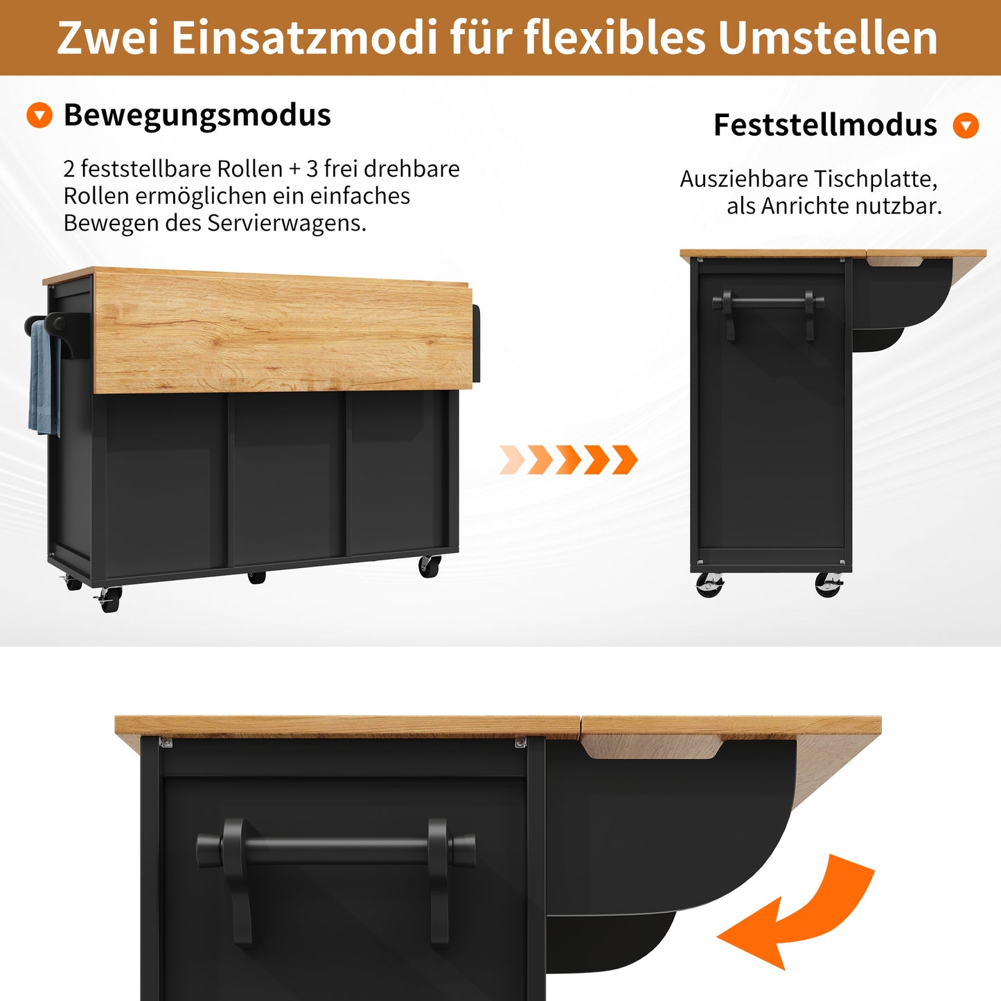 Kücheninsel Buffetschrank 120x73x92cm Küchenwagen klappbare Arbeitsplatte Handtuchhalter Gewürzregal Weinregal verstellbare Böden Küchenschrank Schwarz