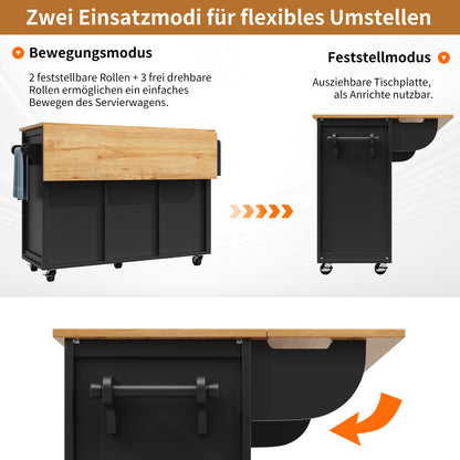 Kücheninsel Buffetschrank 120x73x92cm Küchenwagen klappbare Arbeitsplatte Handtuchhalter Gewürzregal Weinregal verstellbare Böden Küchenschrank Schwarz