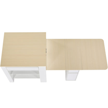 Ausziehbarer Bartisch mit Stauraum(110-124×78×97.5cm), für 2-6 Personen, Kücheninseln mit 2 Schubladen, 2 seitliche offene Regale und eingebaute Steckdose,Tischplatte aus weiß marmoriertem MDF,Weiß