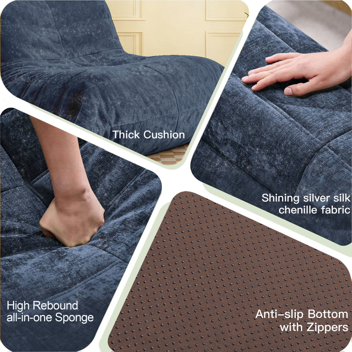 Ergonomischer Sitzsack Sessel mit 5-Zonen-Körperunterstützung, Bean Bag Chair aus Chenille-Stoff, Blue
