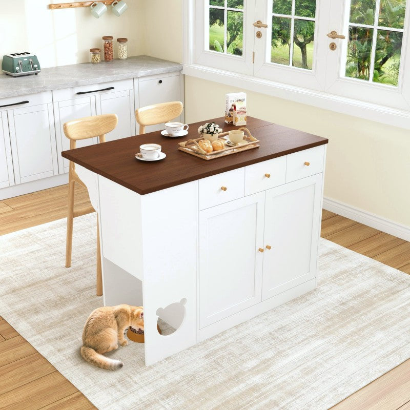 Kücheninsel, Küchenwagen & Sideboard mit Schubladen, Gewürzregal, Haustierfressbereich (ohne Katzensteller), Weiß + Nussbaumfarbe