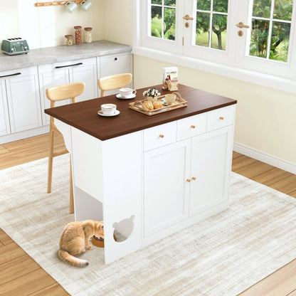 Kücheninsel, Küchenwagen & Sideboard mit Schubladen, Gewürzregal, Haustierfressbereich (ohne Katzensteller), Weiß + Nussbaumfarbe