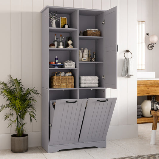 78 x 35 x 172 cm Badezimmerschrank, feuchtigkeitsbeständige Farbe, doppelter Wäschekorb, vier offene Fächer, eine Tür, drei Fächer in der Tür, verstellbare Regale, viel Stauraum, Grau