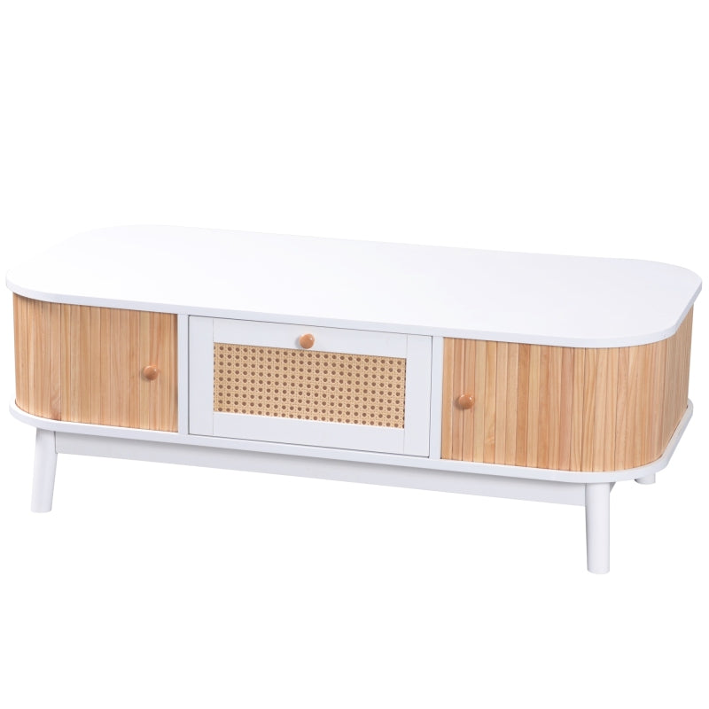 Couchtisch - Rattan-Kaffeetisch, Schubladen mit Rattan und Schiebetüren mit Massivholzlatten, Massivholzbeine, Natürlicher Landhausstil.