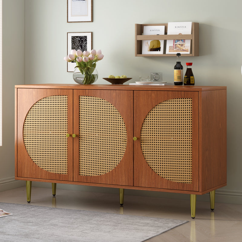 Sideboard mit 3 Rattan verzierten Türen Kommode Highboard mit Metallgriffe, für Schlafzimmer & Wohnräume & Büro, Nussbaum 129.8x 40x 76cm