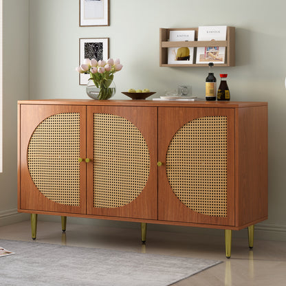 Sideboard mit 3 Rattan verzierten Türen Kommode Highboard mit Metallgriffe, für Schlafzimmer & Wohnräume & Büro, Nussbaum 129.8x 40x 76cm