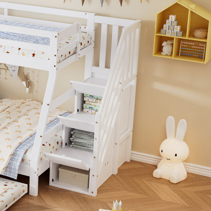 Etagenbett mit Rollbett, Kinderbett mit Leiterschrank und Handlauf, mit Fallschutzgitter an allen Seiten, Kiefer+MDF, Weiß, 90x190CM Rollbett, 90/120x200CM