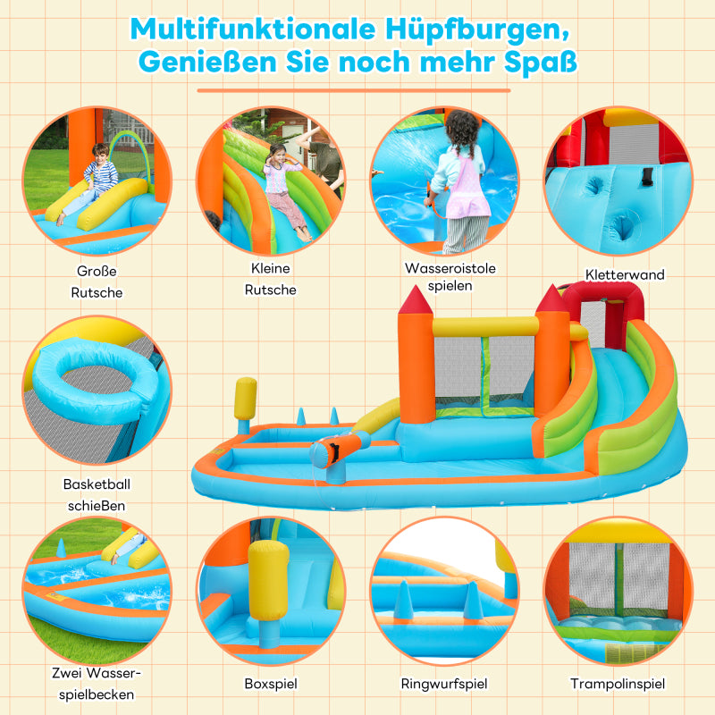 [Multifunktionale Outdoor-Hüpfburg] Mit Gebläse, Wasserrutsche + Trampolin + Basketballkorb + Wasserpistole, 2 Poolbereiche, 1 große und 1 kleine Rutsche, für trockene und nasse Nutzung, ein Wasserpar