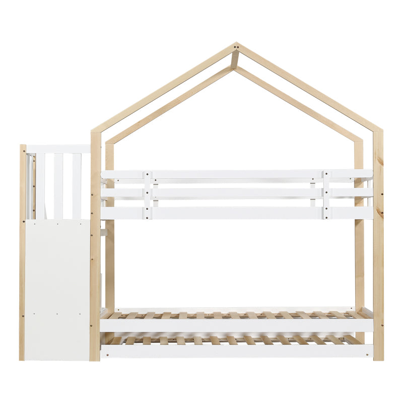 Etagenbett, Ausziehbares Baumhausbett, Schiebebett, Treppe mit 3 Schubladen, Kinderbett mit Absturzsicherung und Kinderbettgitter, mit Lattenroste, Natur+Weiß (90x200cm&90x190cm) [30813567NAA]