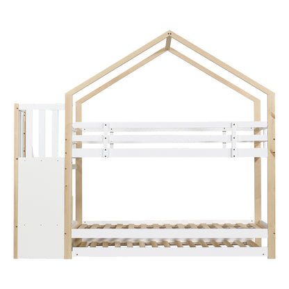 Etagenbett, Ausziehbares Baumhausbett, Schiebebett, Treppe mit 3 Schubladen, Kinderbett mit Absturzsicherung und Kinderbettgitter, mit Lattenroste, Natur+Weiß (90x200cm&90x190cm) [30813567NAA]