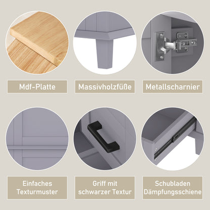 Bodenstehender Badezimmerschrank mit Waschbecken, Waschtisch, komplett lackiert, Türregal, drei geräuschlose Schubladen, integriertes Keramikwaschbecken, Grau